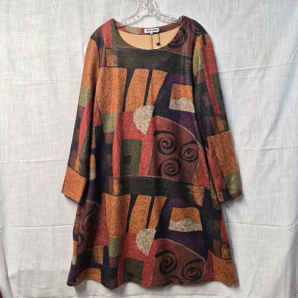 Vivid Linen Abstract Print Long Sleeve Dress XXL Pockets